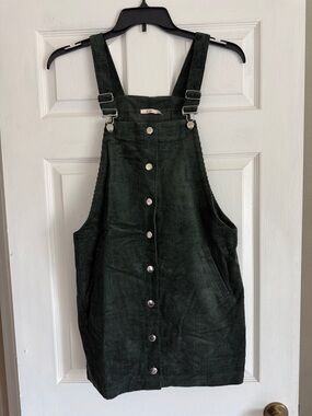 Dark Green Corduroy Button-Front Mini Pinafore Dress